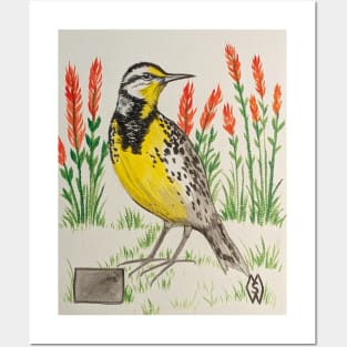 Wyoming state bird and flower, the meadowlark and Indian paintbrush Posters and Art